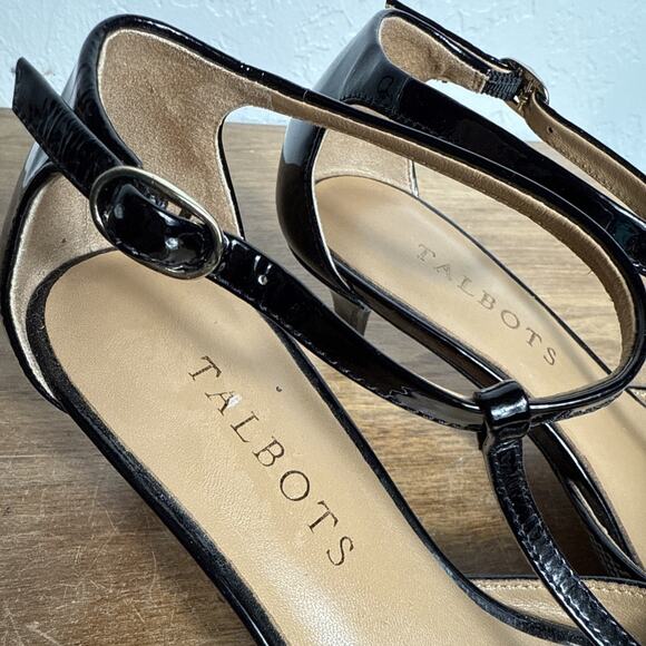 Talbots Black White Houndstooth Plaid Size 5 Heels T Strap Patent Leather EUC - Picture 4 of 9